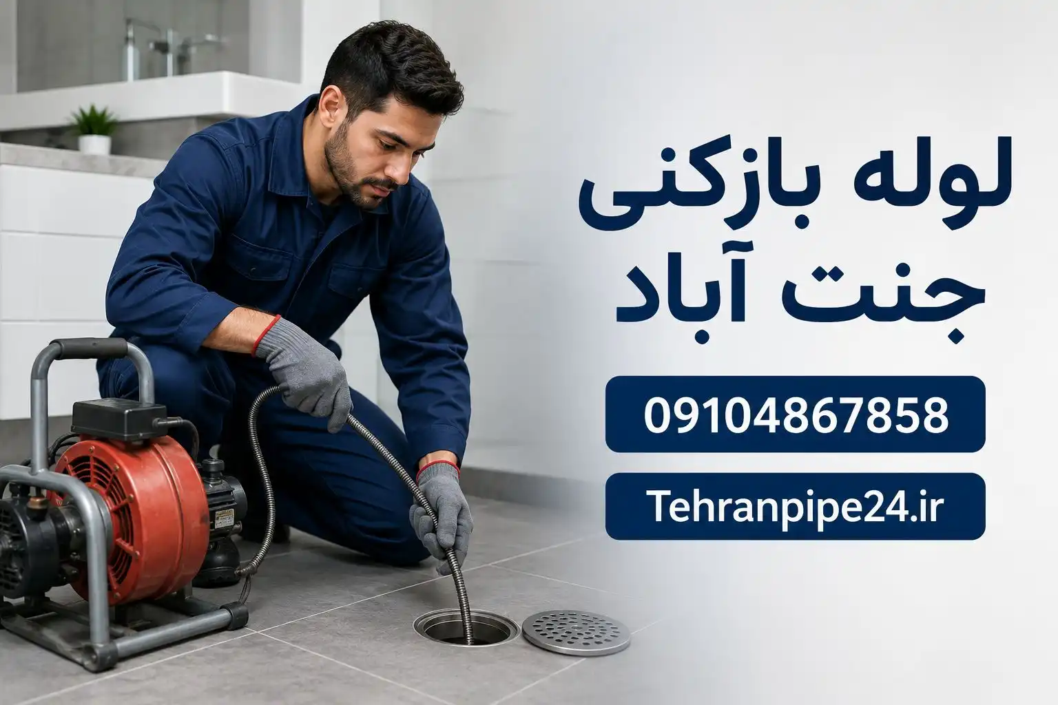 سرویسکار لوله بازکنی جنت آباد در حال رفع گرفتگی لوله فاضلاب با دستگاه فنرزن